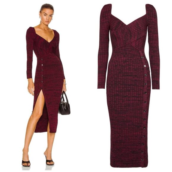 NWT SELF-PORTRAIT Sweetheart-Neck Ribbed-Jersey Midi Dress Red & Black Small - Picture 1 of 12